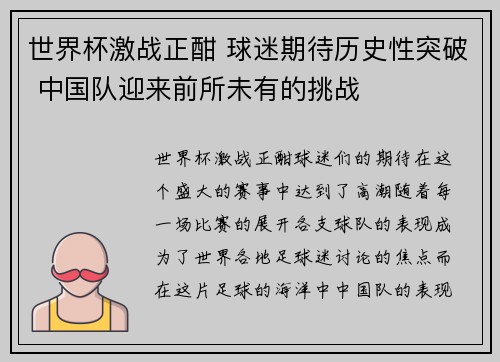 世界杯激战正酣 球迷期待历史性突破 中国队迎来前所未有的挑战
